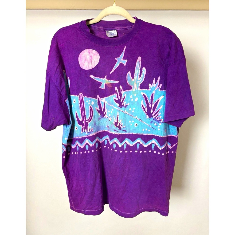 Vintage 90s Hanes Batik Celestial Cactus Shirt Mens XL Purple Single Stitch